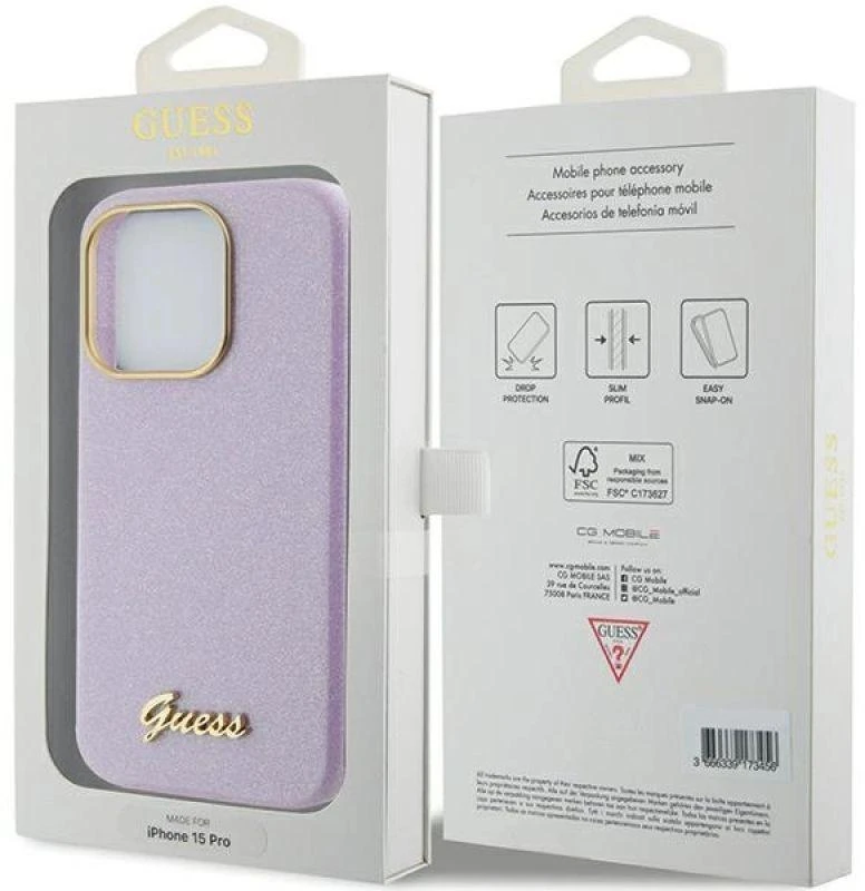Guess GUHCP15LPGMCSL Apple iPhone 15 Pro 6.1″ lilac kietas dėklas Glitter Glossy Script