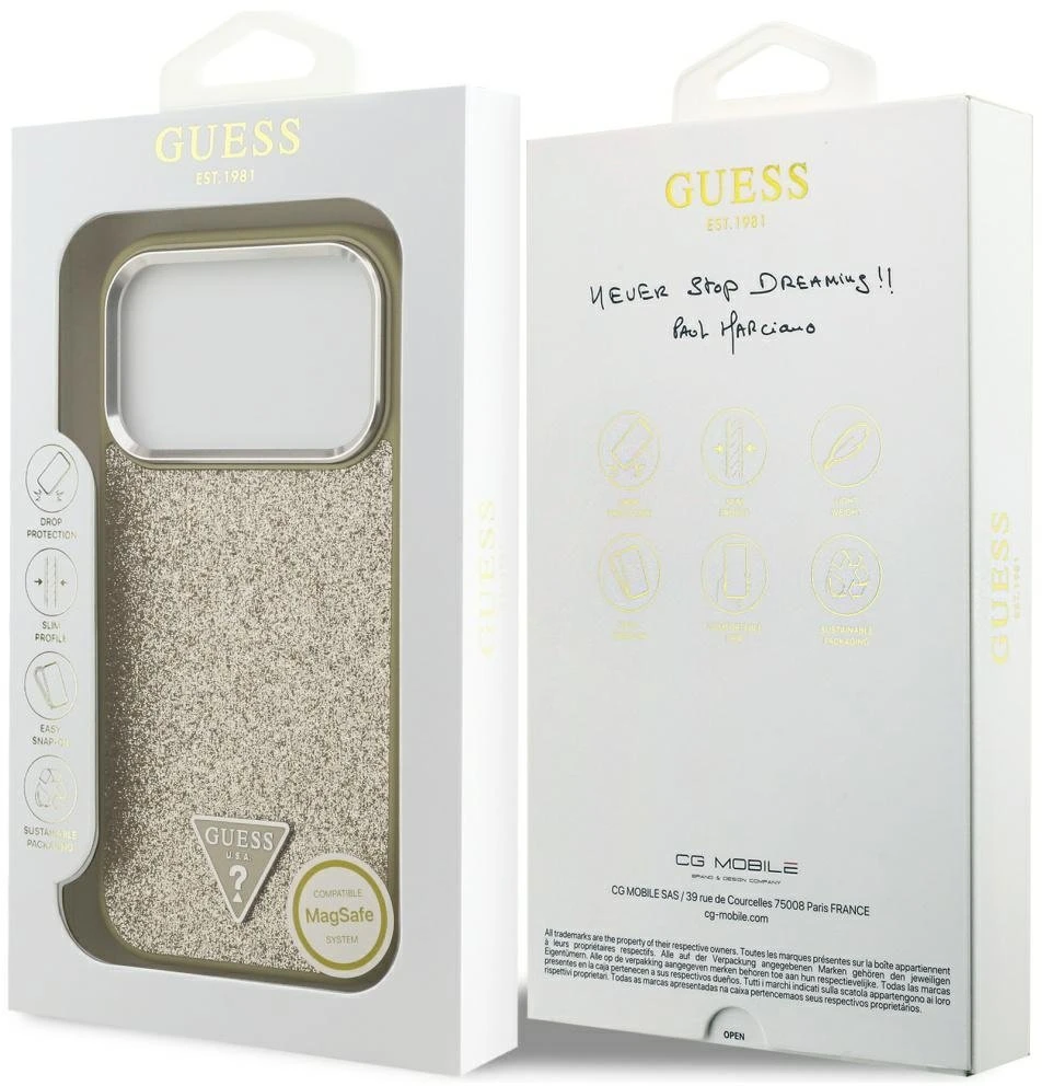 Dėklas „Guess“ blizgantis trikampio formos logotipas su „MagSafe“ dėklu, skirtu „iPhone 17 Pro“ – auksinis