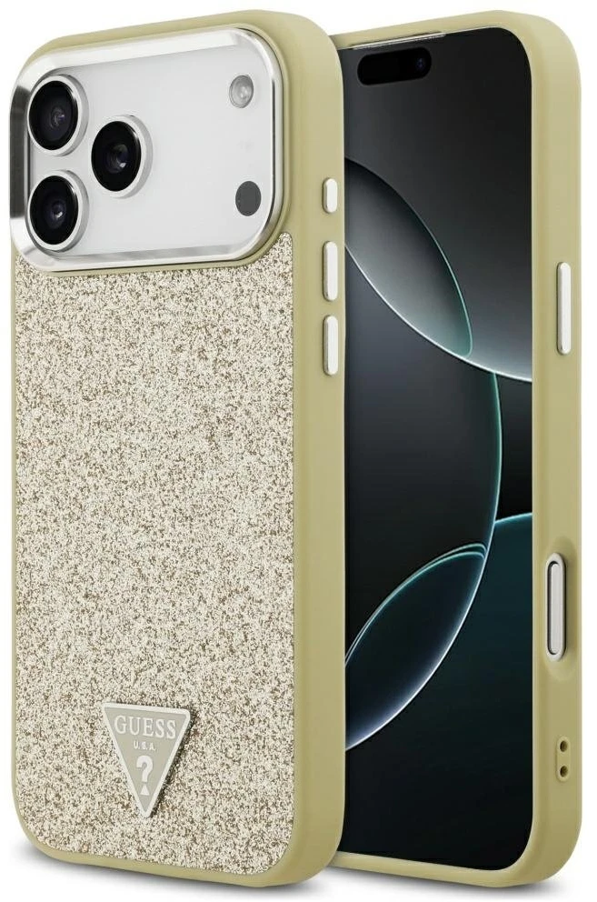 Dėklas „Guess“ blizgantis trikampio formos logotipas su „MagSafe“ dėklu, skirtu „iPhone 17 Pro Max“ – auksinis
