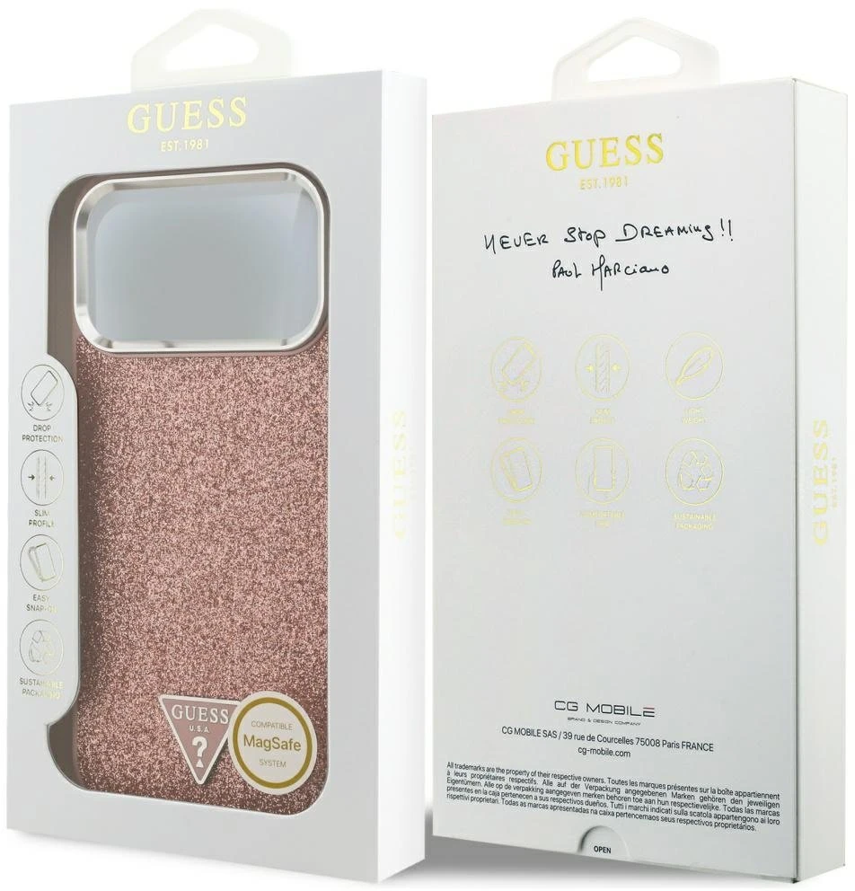 „Guess“ blizgantis trikampio formos logotipo „MagSafe“ dėklas, skirtas „iPhone 17 Pro Max“ - Rožinė