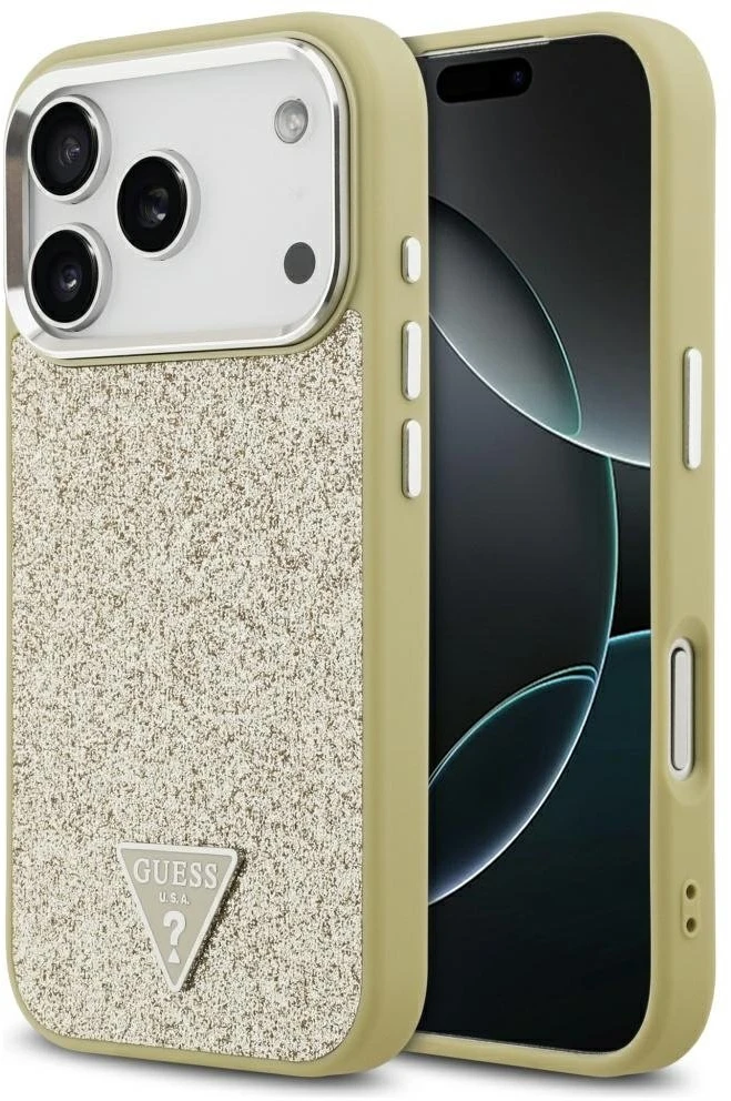Dėklas „Guess“ blizgantis trikampio formos logotipas su „MagSafe“ dėklu, skirtu „iPhone 17 Pro“ – auksinis