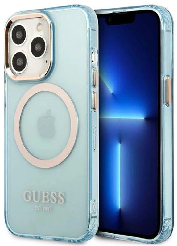 Guess GUHMP13LHTCMB Apple iPhone 13 Pro / 13 6,1″ mėlynas kietas dėklas Gold Outline Translucent MagSafe