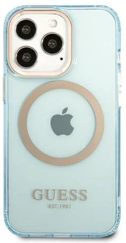 Guess GUHMP13LHTCMB Apple iPhone 13 Pro / 13 6,1″ mėlynas kietas dėklas Gold Outline Translucent MagSafe