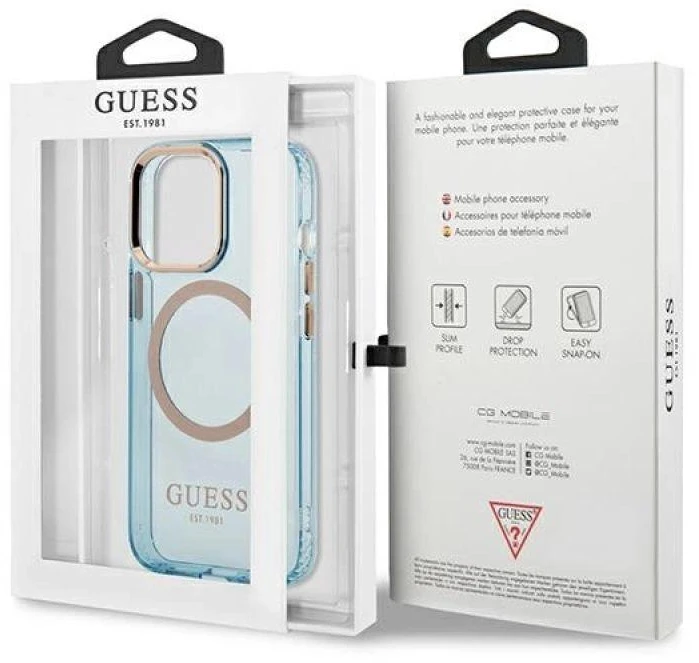 Guess GUHMP13LHTCMB Apple iPhone 13 Pro / 13 6,1″ mėlynas kietas dėklas Gold Outline Translucent MagSafe