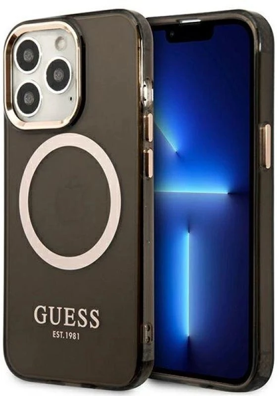Guess GUHMP13XHTCMK Apple iPhone 13 Pro Max 6,7″ juodos spalvos kietas dėklas Gold Outline Translucent MagSafe