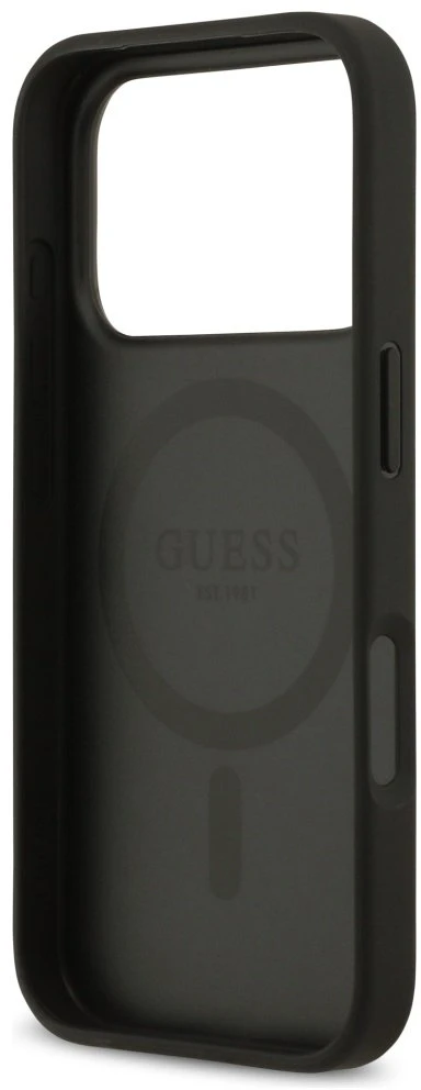 Guess Grained Flowers Classic Logo MagSafe dėklas skirtas Apple iPhone 17 Pro juodos spalvos