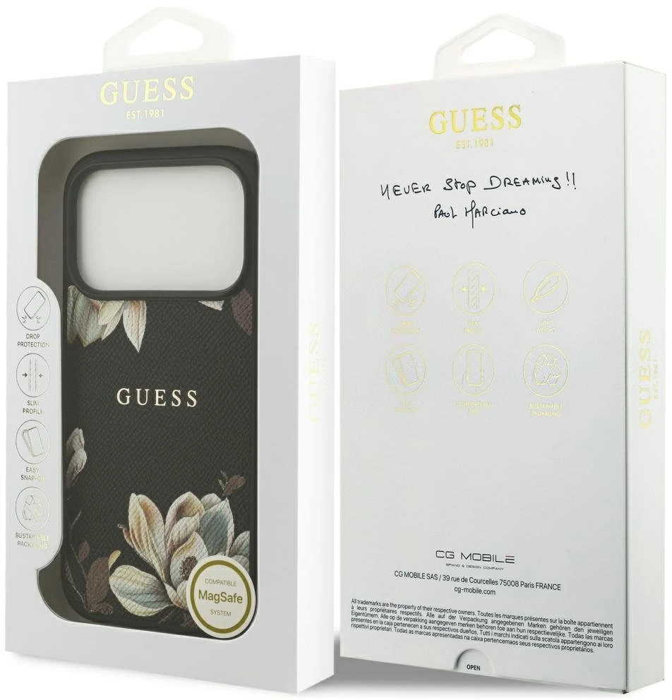 Guess Grained Flowers Classic Logo MagSafe dėklas skirtas Apple iPhone 17 Pro juodos spalvos