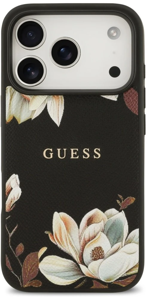 Guess Grained Flowers Classic Logo MagSafe dėklas skirtas Apple iPhone 17 Pro juodos spalvos