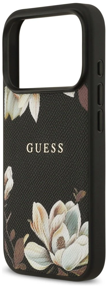 Guess Grained Flowers Classic Logo MagSafe dėklas skirtas Apple iPhone 17 Pro juodos spalvos