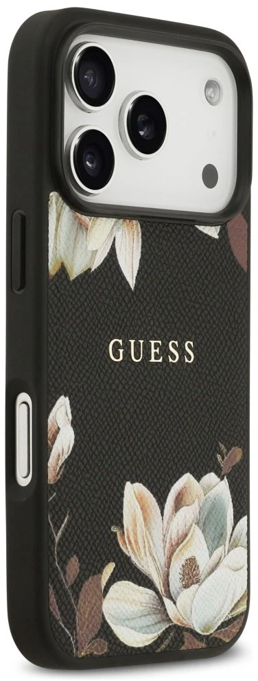 Guess Grained Flowers Classic Logo MagSafe dėklas skirtas Apple iPhone 17 Pro juodos spalvos