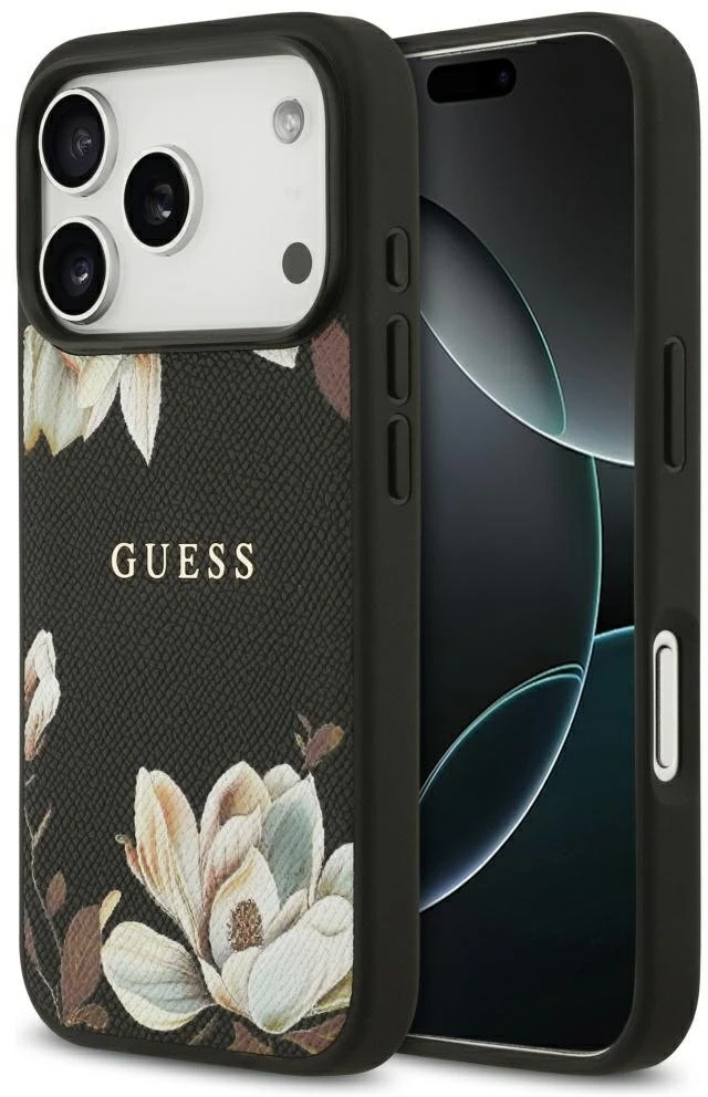 Guess Grained Flowers Classic Logo MagSafe dėklas skirtas Apple iPhone 17 Pro juodos spalvos