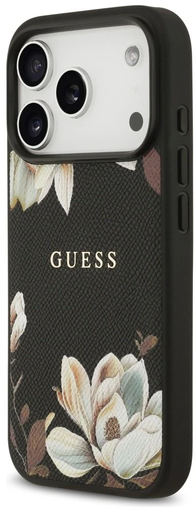 Guess Grained Flowers Classic Logo MagSafe dėklas skirtas Apple iPhone 17 Pro juodos spalvos