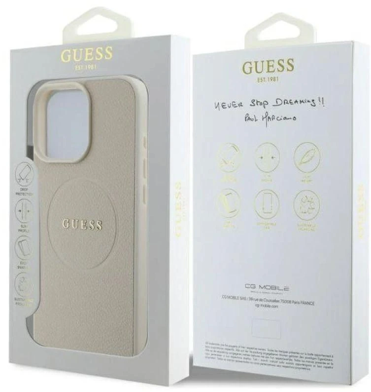 Guess GUHMP16XPGHSMME Apple iPhone 16 Pro Max 6.9″ beige kietas dėklas Grained Ring MagSafe