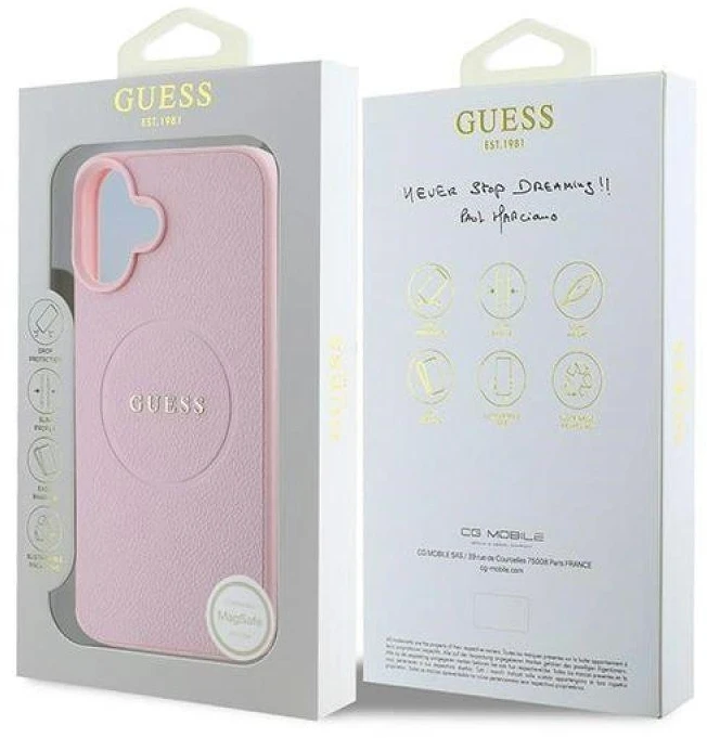 Guess GUHMP16MPGHSMMP Apple iPhone 16 Plus 6.7″ rožinės spalvos kietas dėklas Grained Ring MagSafe