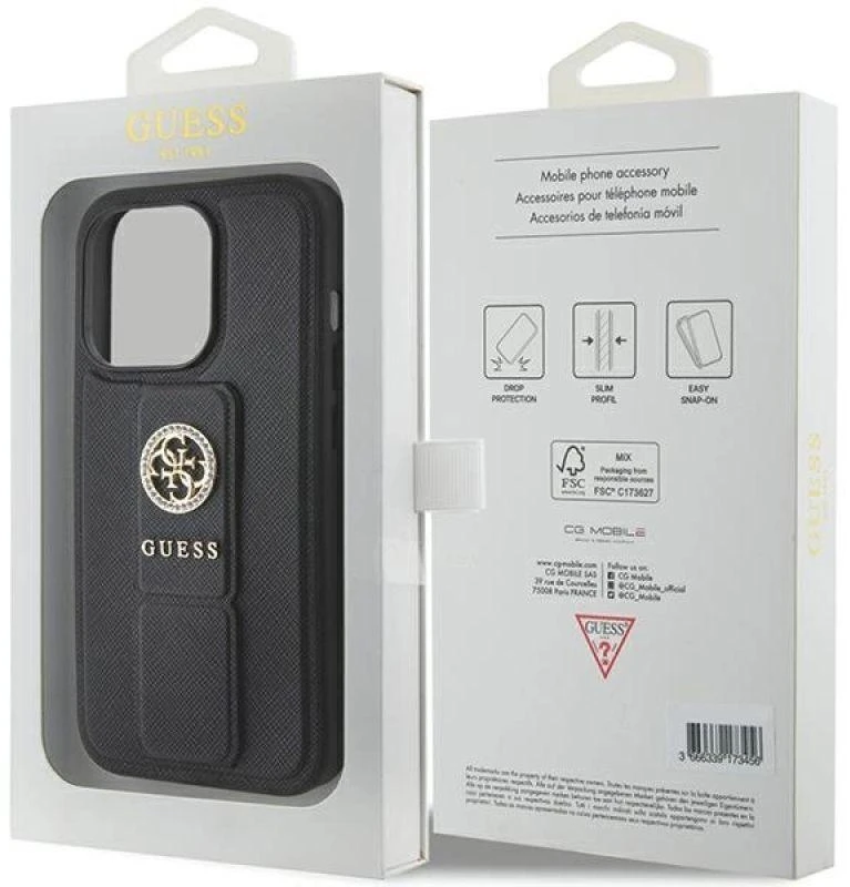 Apple iPhone 15 Pro Max Guess Hardcase Grip Stand 4G Saffiano Strass (GUHCP15XPGSSADK) telefono dėklas juodos spalvos