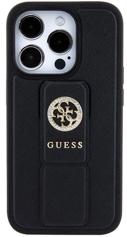 Apple iPhone 15 Pro Max Guess Hardcase Grip Stand 4G Saffiano Strass (GUHCP15XPGSSADK) telefono dėklas juodos spalvos