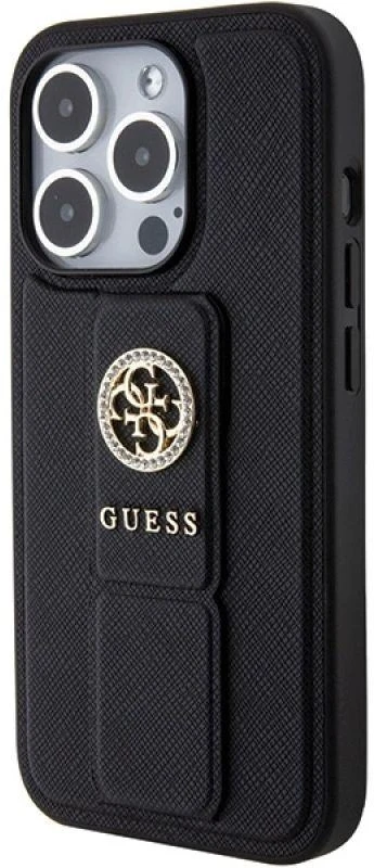 Apple iPhone 15 Pro Max Guess Hardcase Grip Stand 4G Saffiano Strass (GUHCP15XPGSSADK) telefono dėklas juodos spalvos