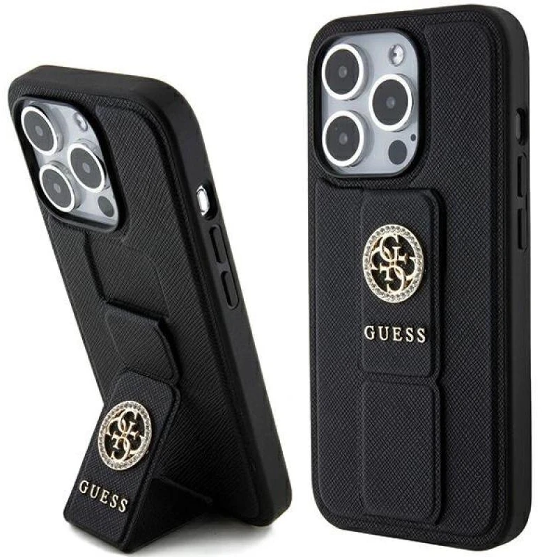 Apple iPhone 15 Pro Max Guess Hardcase Grip Stand 4G Saffiano Strass (GUHCP15XPGSSADK) telefono dėklas juodos spalvos