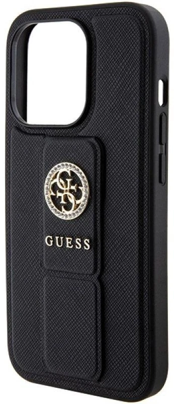Apple iPhone 15 Pro Max Guess Hardcase Grip Stand 4G Saffiano Strass (GUHCP15XPGSSADK) telefono dėklas juodos spalvos