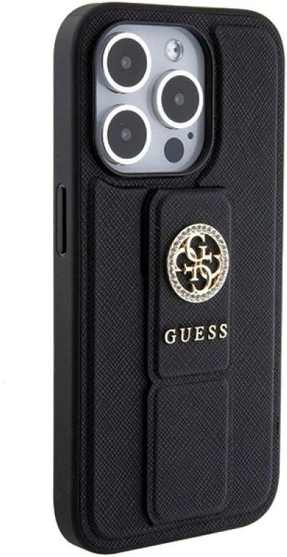 Apple iPhone 15 Pro Max Guess Hardcase Grip Stand 4G Saffiano Strass (GUHCP15XPGSSADK) telefono dėklas juodos spalvos