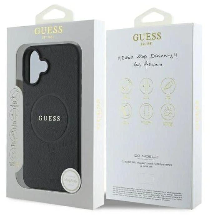 Guess GUHMP16SPGHSMMK Apple iPhone 16 6.1″ juodos spalvos kietas dėklas Grained Gold Ring MagSafe