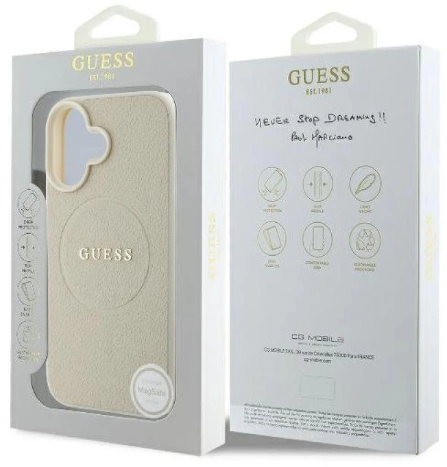 Guess GUHMP16SPGHSMME Apple iPhone 16 6.1″ beige kietas dėklas Grained Ring MagSafe