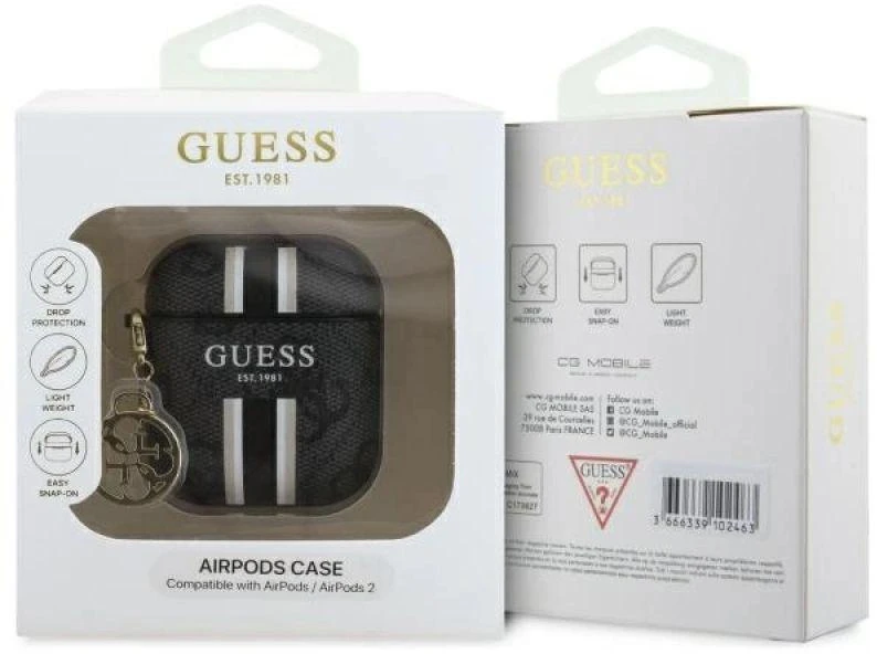 Guess GUA2P4RPSK AirPods 1/2 dėklas juodos spalvos 4G Printed Stripes Charm