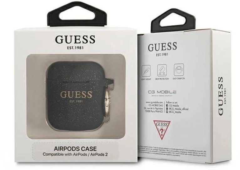 Guess GUA2SGGEK AirPods dėklas juodas/juodas Silikoninis su blizgučiais