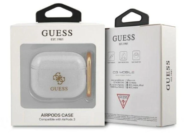 Dėklas „Guess GUA3UCG4GT AirPods 3“ ausinės su skaidriomis blizgučių kolekcijomis