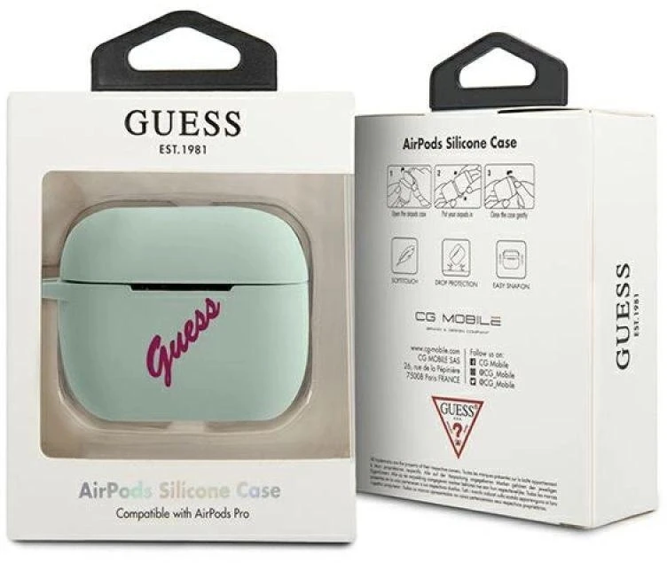 Guess GUACAPLSVSBF Silikoninis vintažinis dėklas AirPods Pro, mėlyna fuksija / mėlyna fuksija