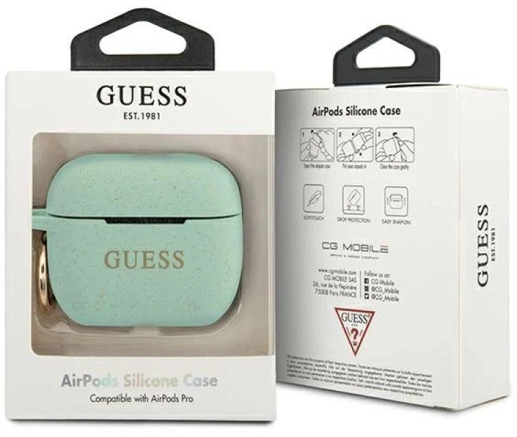 Guess GUACAPSILGLGN dėklas AirPods Pro žalias/žalias silikoninis su blizgučiais