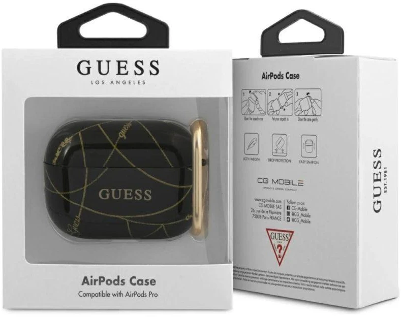 Guess GUACAPTPUCHBK dėklas AirPods Pro, juoda/juoda, Auksinės grandinėlės kolekcija