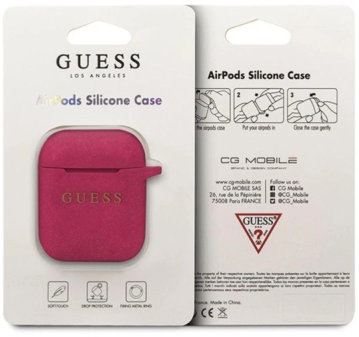 Guess GUACCSILGLFU AirPods dėklas fuksijų spalvos silikonas su blizgučiais