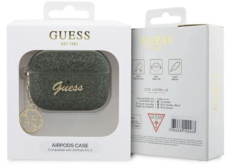 Guess GUAP2GLGSHA AirPods Pro 2 apsauginis dėklas žalias/chaki Blizgučių 4G Charm
