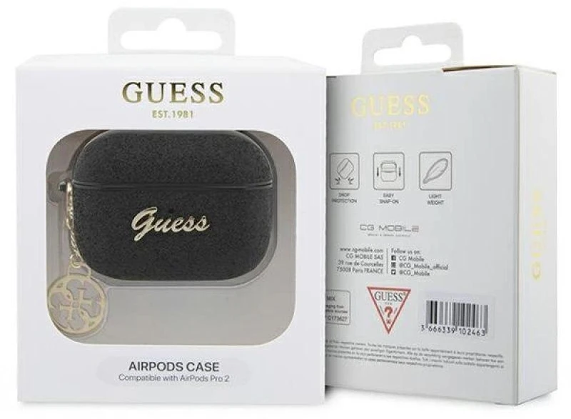 Guess GUAP2GLGSHK AirPods Pro 2 dėklas, juodas/juodas su blizgančiomis detalėmis, 4G Charm