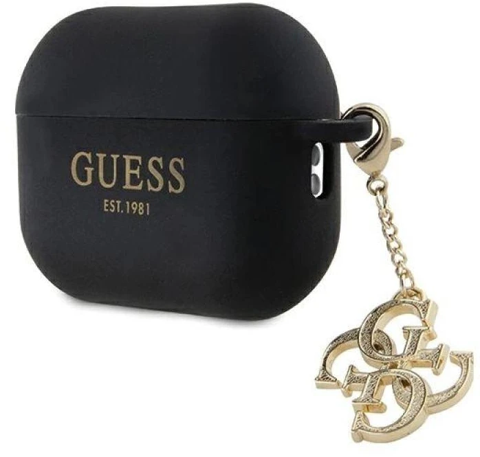 Guess GUAP2LECG4K AirPods Pro 2 (2022/2023) dėklas juodos spalvos Liquid Silicone Glitter Triangle Charm