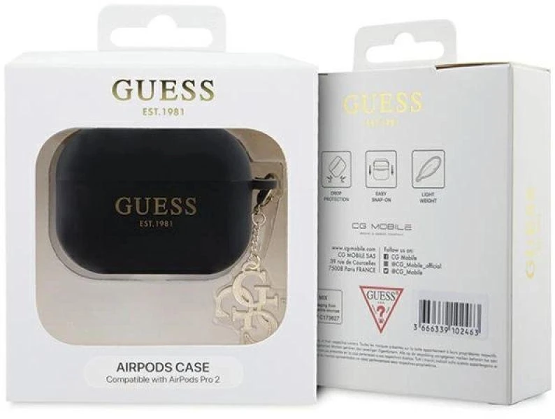 Guess GUAP2LECG4K AirPods Pro 2 (2022/2023) dėklas juodos spalvos Liquid Silicone Glitter Triangle Charm