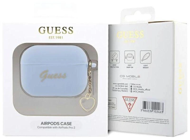 Guess GUAP2LSCHSB AirPods Pro 2 dėklas, mėlynas, Silikoninė Širdelės pakabukų kolekcija