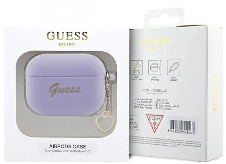 Guess GUAP2LSCHSU AirPods Pro 2 dėklas, Violetinis/Violetinis, Silikoninis Mylimųjų Širdelių Kolekcija
