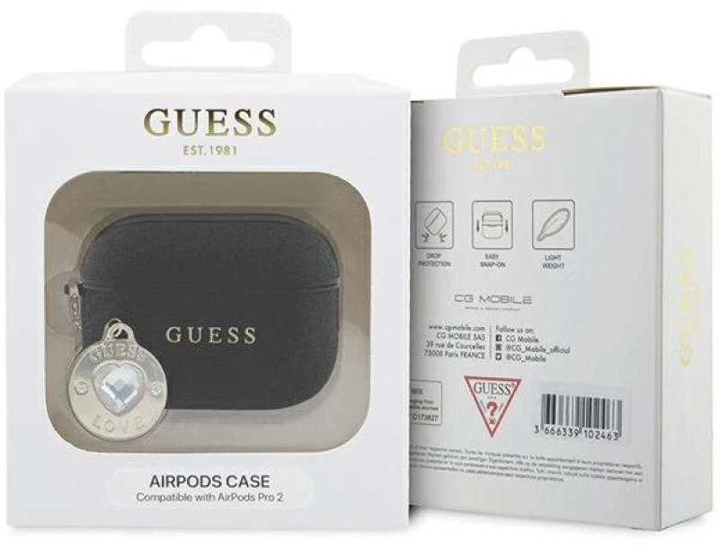 Guess GUAP2PGEHCDK AirPods Pro 2 (2022/2023) dėklas juodos spalvos Fixed Glitter Heart Diamond Charm