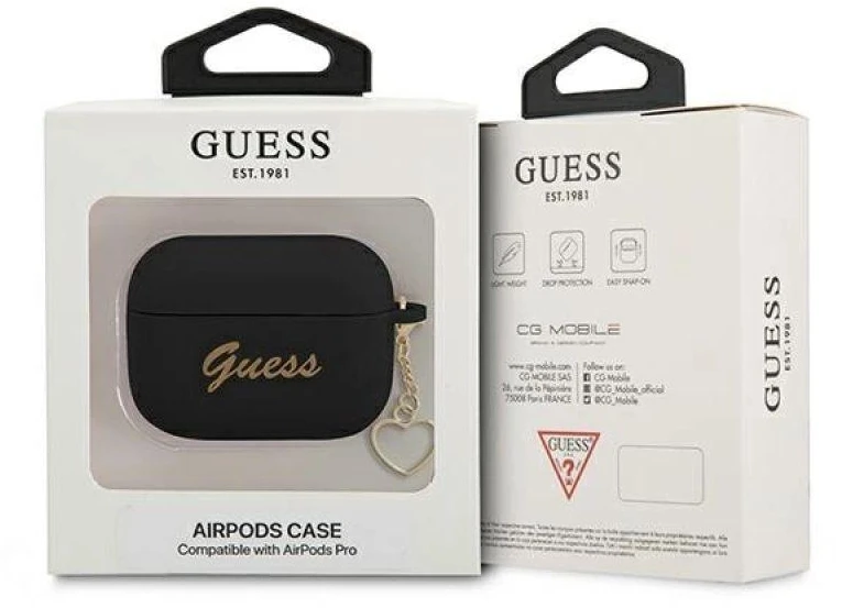 Guess GUAPLSCHSK AirPods Pro dėklas juodas/juodas, Silikoninis pakabukas Heart Collection