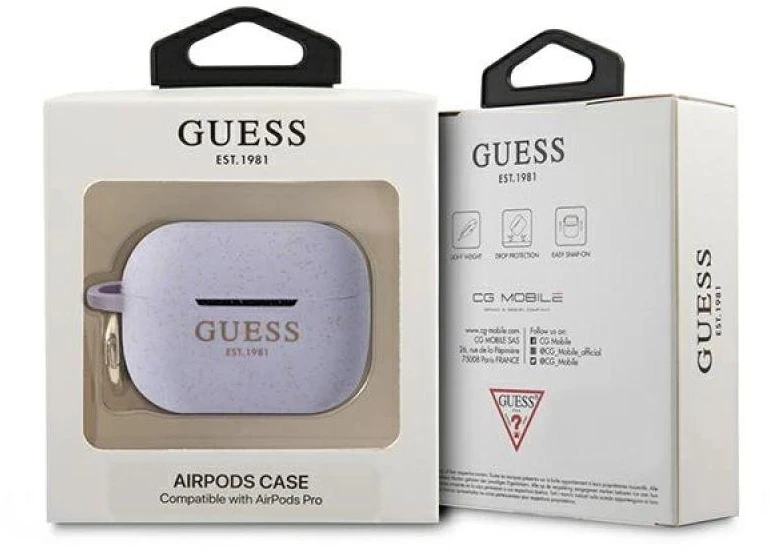 Guess GUAPSGGEU AirPods Pro apsauginis dėklas, violetinis/violetinis, silikono blizgučiai