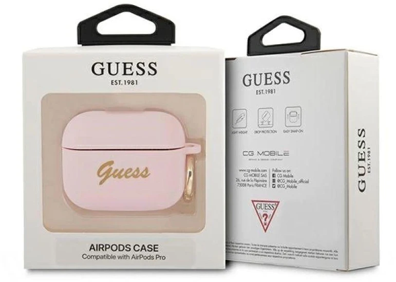 Guess GUAPSSSI AirPods Pro dėklas rožinė/rožinė Silikoninis Vintage Script