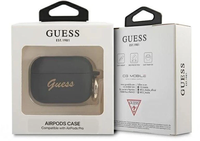 Guess GUAPSSSK AirPods Pro dėklas, juodas/juodas, silikonas, Vintage Script