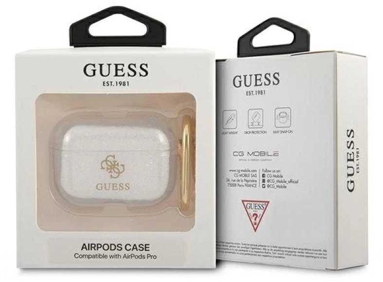 Guess GUAPUCG4GT AirPods Pro dėklas, skaidrios blizgučių kolekcijos