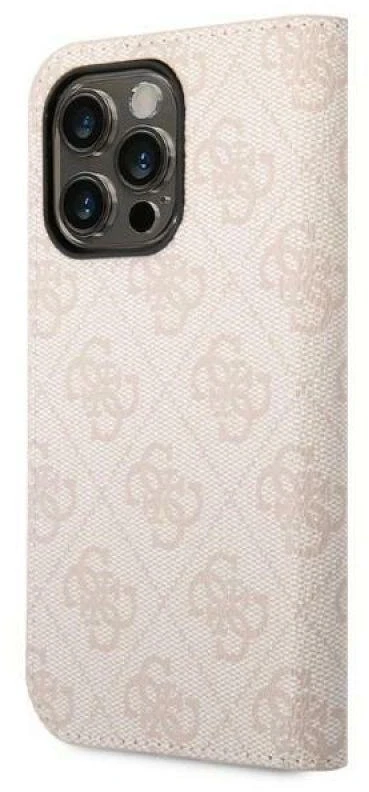 Dėklas Guess GUBKP14LHG4SHP Apple iPhone 14 Pro 6,1″ rožinės spalvos book 4G Vintage Gold Logo