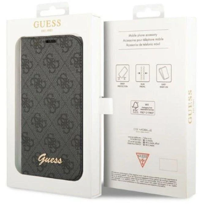 Dėklas Guess GUBKP14SHG4SHK Apple iPhone 14 / 15 / 13 6.1″ juodos spalvos book 4G Vintage Gold Logo