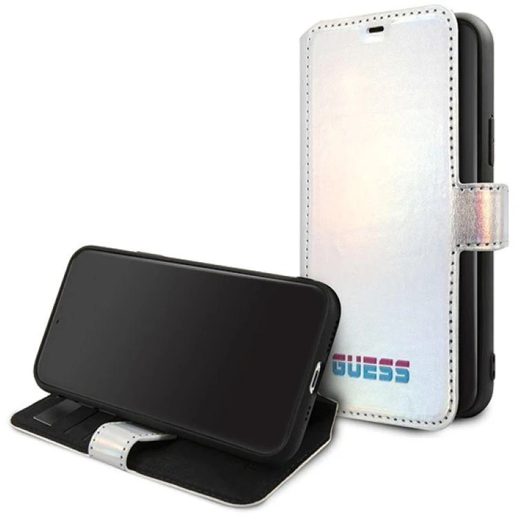 Guess dėklas iPhone 11 Pro GUFLBKN58BLD sidabrinis atverčiamas dėklas Vaivorykštis