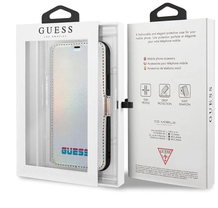 Guess dėklas iPhone 11 Pro GUFLBKN58BLD sidabrinis atverčiamas dėklas Vaivorykštis