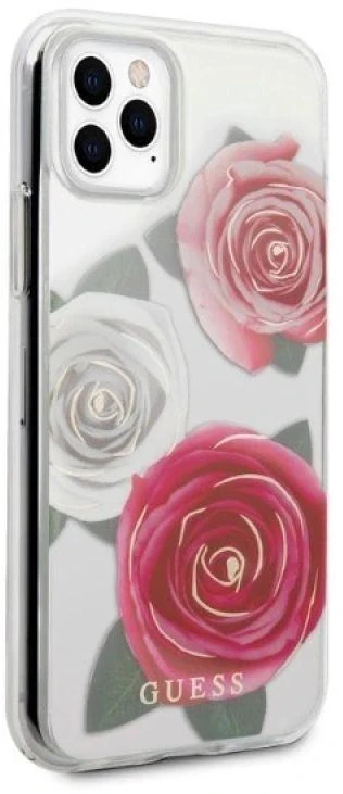 Guess GUHCN58ROSTRT Apple iPhone 11 Pro skaidrus kietas dėklas Flower Desire rožinės spalvos & baltos spalvos Rose